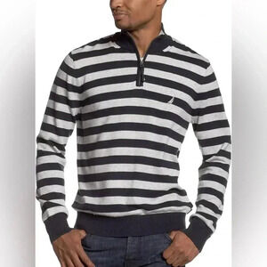 Nautica Men’s Quarter Zip Sweatshirt Navy Blue & Gray Striped Sweater Size M